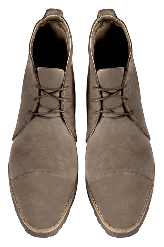 Taupe brown women's ankle boots with laces at the front. Round toe. Flat rubber soles. Top view - Florence KOOIJMAN